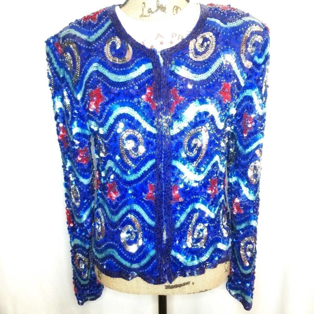 Vintage Swee Lo Blue and Red Sequin Swirls Dress Suit Jacket